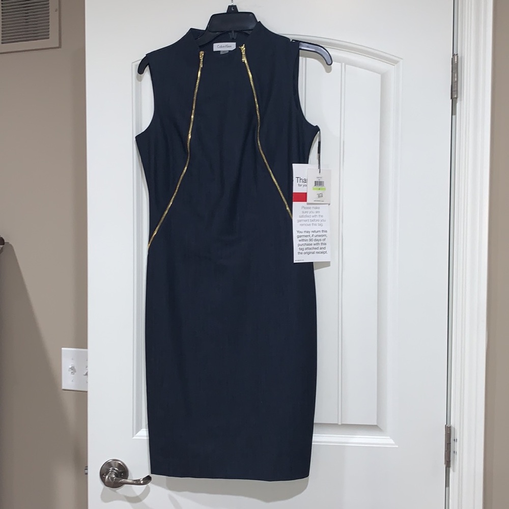 NWT Calvin Klein Navy jean shift dress with Gold double zipper - Picture 2 of 8